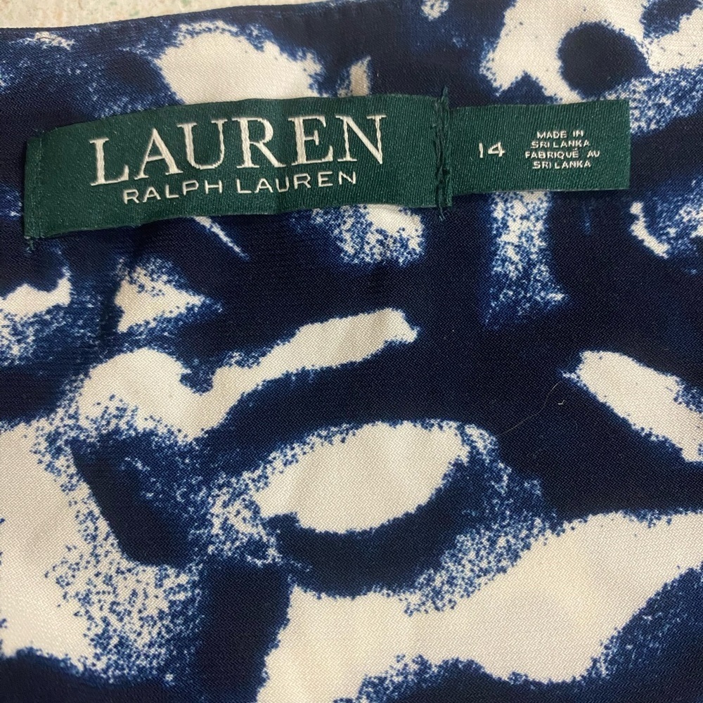 LRL Blue and White 3/4 Sleeve Abstract Faux Wrap Stretch Dress Size 14 - Picture 5 of 6